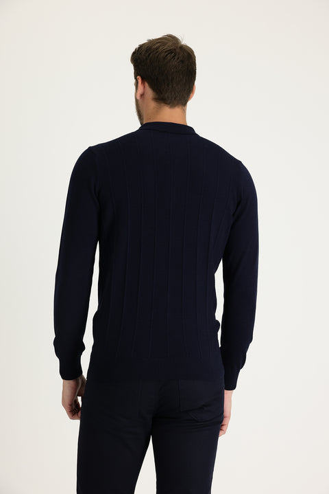 Dark Navy Polo Collar Slim Fit Narrow Cut Knit Sweater