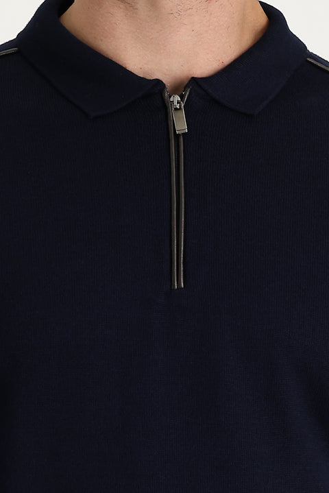Dark Navy Polo Collar Slim Fit Narrow Cut Knit Sweater