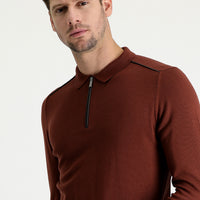 Kiremit Polo Yaka Slim Fit Dar Kesim Fermuarlı Desenli Triko Kazak