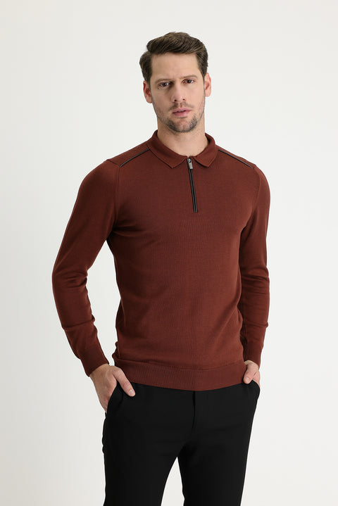 Kiremit Polo Yaka Slim Fit Dar Kesim Fermuarlı Desenli Triko Kazak