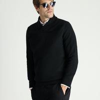 Black Shawl Collar Slim Fit Narrow Cut Patterned Cotton Knit Sweater
