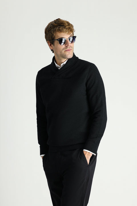 Black Shawl Collar Slim Fit Narrow Cut Patterned Cotton Knit Sweater