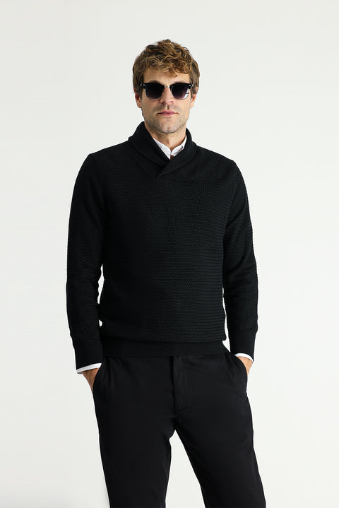 Black Shawl Collar Slim Fit Narrow Cut Patterned Cotton Knit Sweater