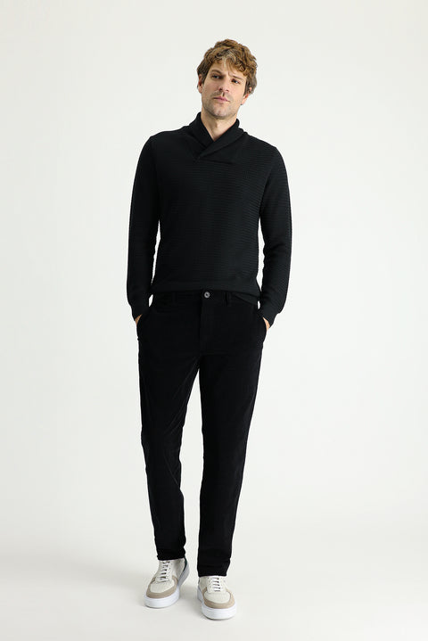 Black Shawl Collar Slim Fit Narrow Cut Patterned Cotton Knit Sweater