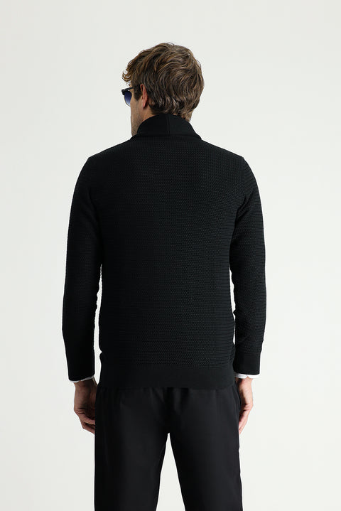Black Shawl Collar Slim Fit Narrow Cut Patterned Cotton Knit Sweater