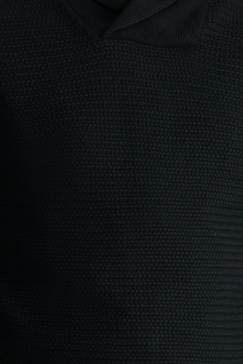 Black Shawl Collar Slim Fit Narrow Cut Patterned Cotton Knit Sweater