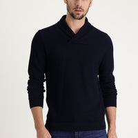 Dark Navy Shawl Collar Slim Fit Narrow Cut Patterned Cotton Knit Sweater