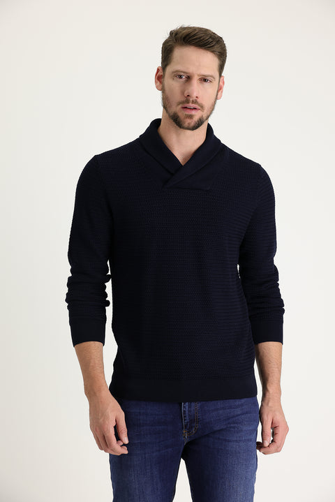 Dark Navy Shawl Collar Slim Fit Narrow Cut Patterned Cotton Knit Sweater