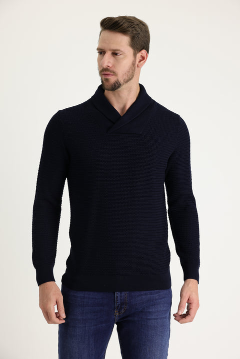 Dark Navy Shawl Collar Slim Fit Narrow Cut Patterned Cotton Knit Sweater