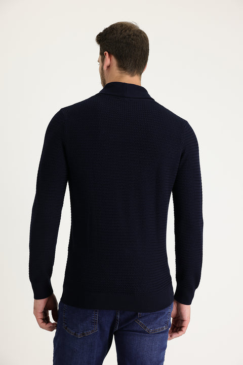 Dark Navy Shawl Collar Slim Fit Narrow Cut Patterned Cotton Knit Sweater