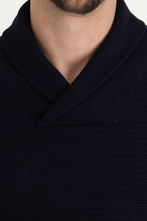 Dark Navy Shawl Collar Slim Fit Narrow Cut Patterned Cotton Knit Sweater