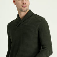 Medium Khaki Shawl Collar Slim Fit Narrow Cut Patterned Cotton Knit Sweater