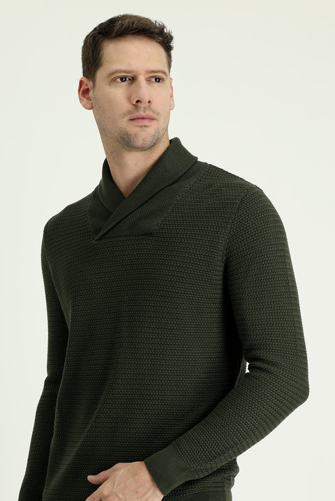 Medium Khaki Shawl Collar Slim Fit Narrow Cut Patterned Cotton Knit Sweater