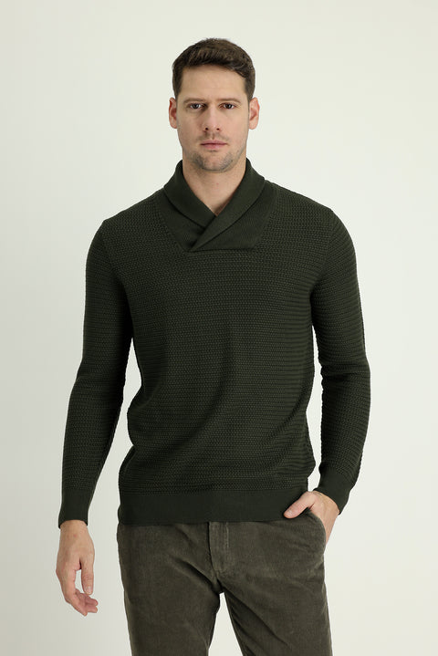 Medium Khaki Shawl Collar Slim Fit Narrow Cut Patterned Cotton Knit Sweater