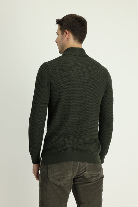 Medium Khaki Shawl Collar Slim Fit Narrow Cut Patterned Cotton Knit Sweater