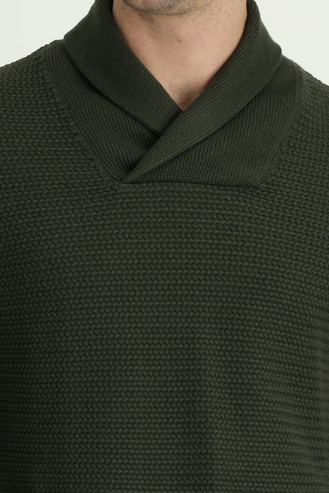 Medium Khaki Shawl Collar Slim Fit Narrow Cut Patterned Cotton Knit Sweater