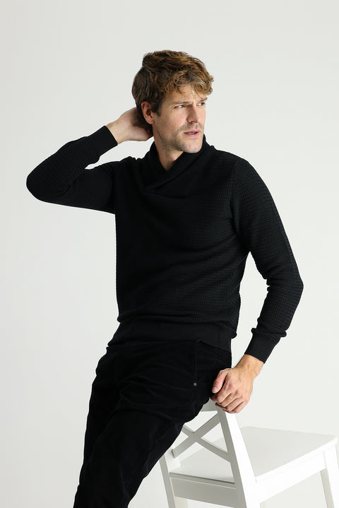 Black Shawl Collar Slim Fit Narrow Cut Patterned Cotton Knit Sweater
