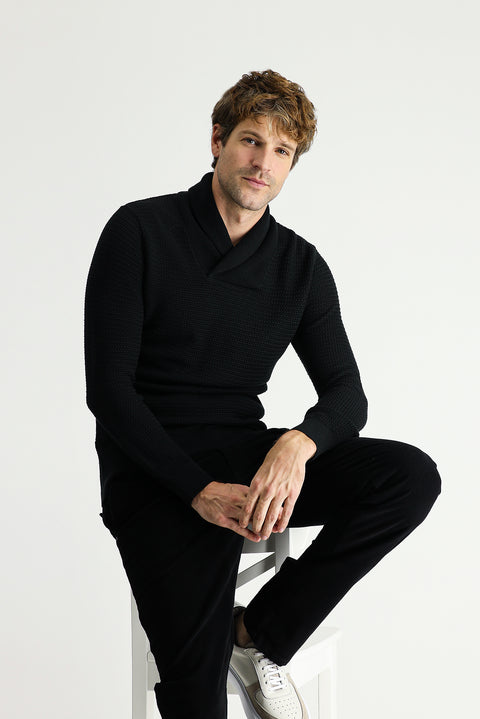 Black Shawl Collar Slim Fit Narrow Cut Patterned Cotton Knit Sweater