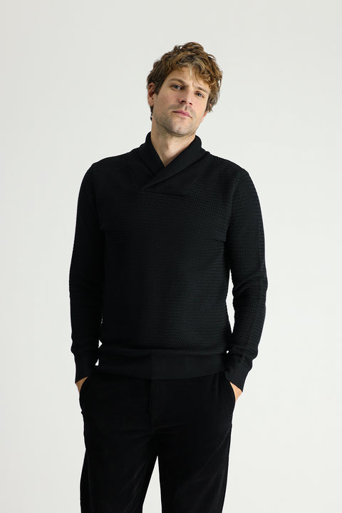 Black Shawl Collar Slim Fit Narrow Cut Patterned Cotton Knit Sweater