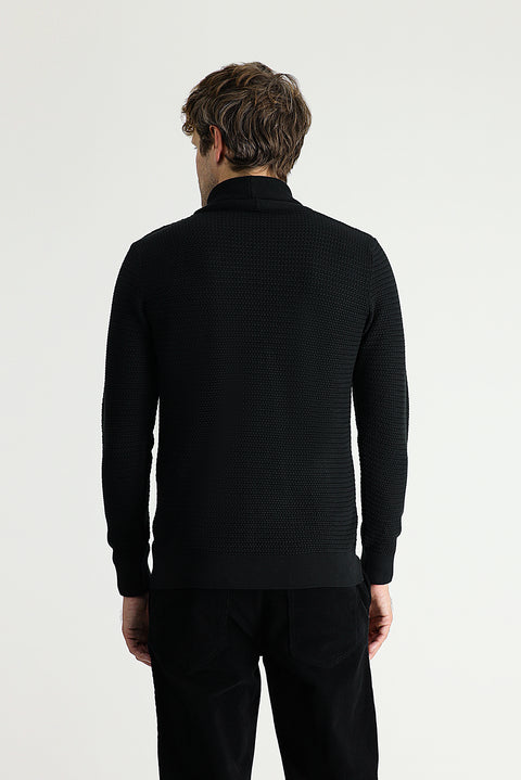 Black Shawl Collar Slim Fit Narrow Cut Patterned Cotton Knit Sweater