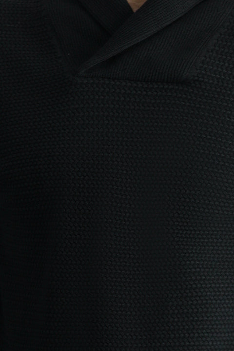 Black Shawl Collar Slim Fit Narrow Cut Patterned Cotton Knit Sweater