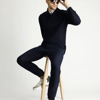 Dark Navy Shawl Collar Slim Fit Narrow Cut Patterned Cotton Knit Sweater