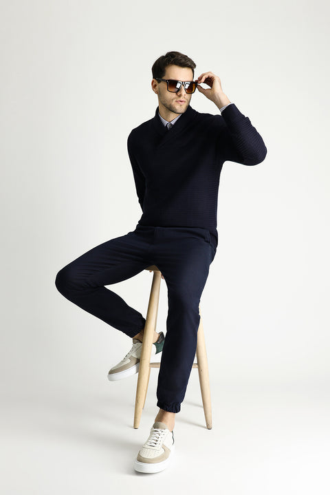 Dark Navy Shawl Collar Slim Fit Narrow Cut Patterned Cotton Knit Sweater