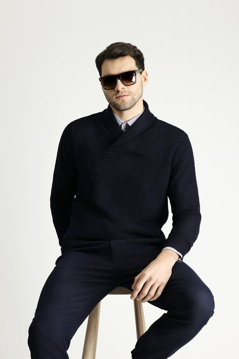 Dark Navy Shawl Collar Slim Fit Narrow Cut Patterned Cotton Knit Sweater