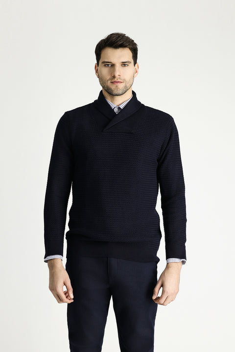 Dark Navy Shawl Collar Slim Fit Narrow Cut Patterned Cotton Knit Sweater