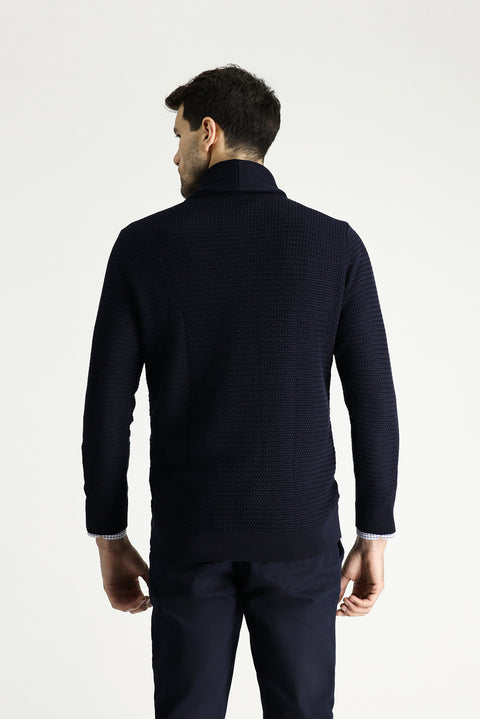 Dark Navy Shawl Collar Slim Fit Narrow Cut Patterned Cotton Knit Sweater