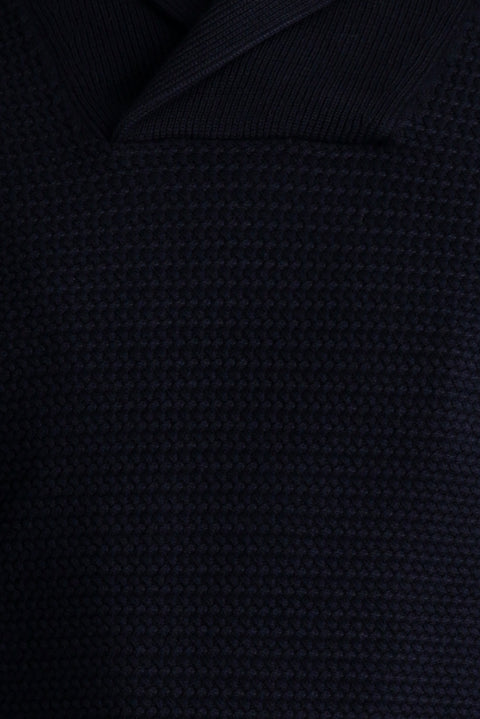 Dark Navy Shawl Collar Slim Fit Narrow Cut Patterned Cotton Knit Sweater