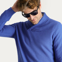 Dark Blue Shawl Collar Slim Fit Narrow Cut Patterned Cotton Knit Sweater