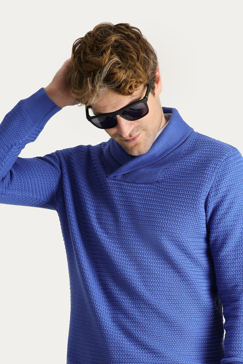 Dark Blue Shawl Collar Slim Fit Narrow Cut Patterned Cotton Knit Sweater