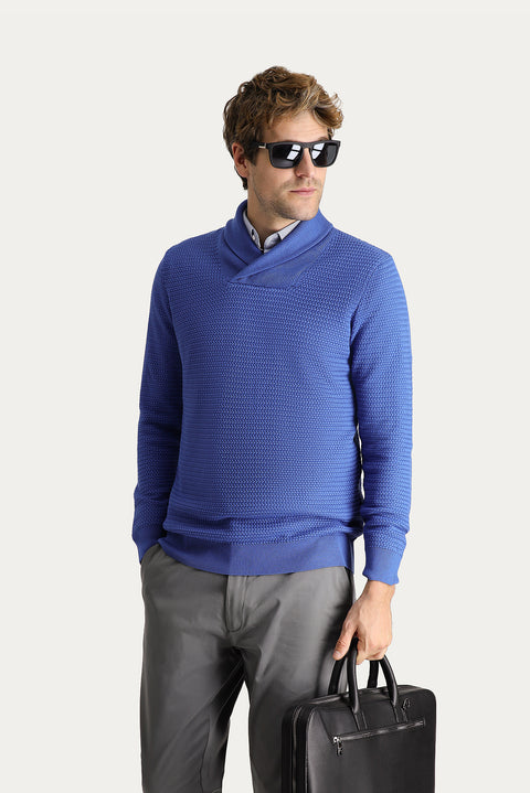Dark Blue Shawl Collar Slim Fit Narrow Cut Patterned Cotton Knit Sweater