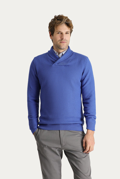 Dark Blue Shawl Collar Slim Fit Narrow Cut Patterned Cotton Knit Sweater