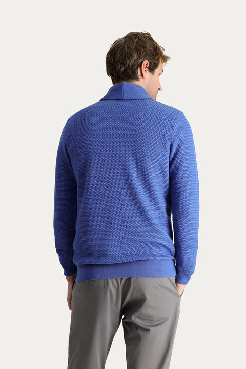 Dark Blue Shawl Collar Slim Fit Narrow Cut Patterned Cotton Knit Sweater