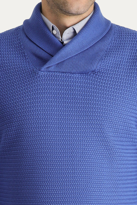 Dark Blue Shawl Collar Slim Fit Narrow Cut Patterned Cotton Knit Sweater