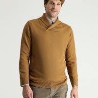 Camel Shawl Collar Slim Fit Narrow Cut Patterned Cotton Knit Sweater