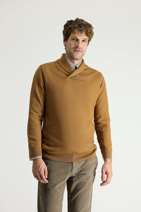 Camel Shawl Collar Slim Fit Narrow Cut Patterned Cotton Knit Sweater