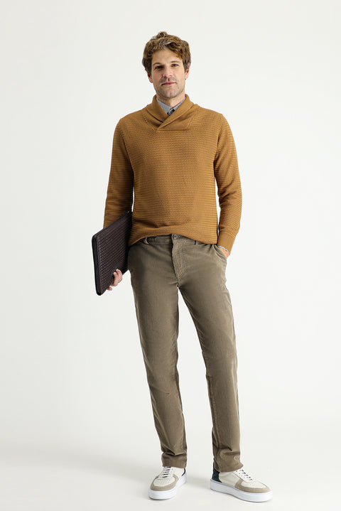 Camel Shawl Collar Slim Fit Narrow Cut Patterned Cotton Knit Sweater