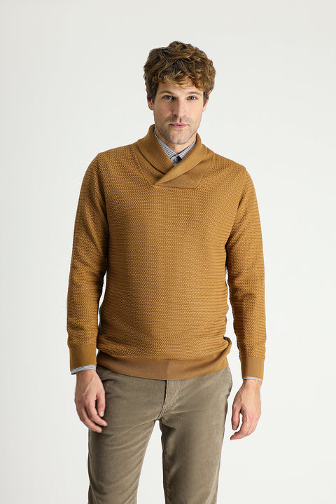 Camel Shawl Collar Slim Fit Narrow Cut Patterned Cotton Knit Sweater