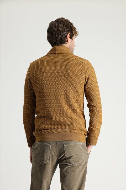 Camel Shawl Collar Slim Fit Narrow Cut Patterned Cotton Knit Sweater