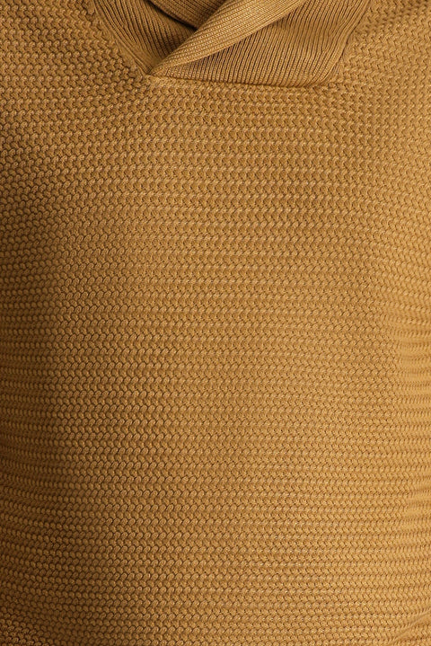 Camel Shawl Collar Slim Fit Narrow Cut Patterned Cotton Knit Sweater