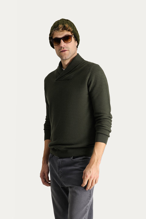 Medium Khaki Shawl Collar Slim Fit Narrow Cut Patterned Cotton Knit Sweater