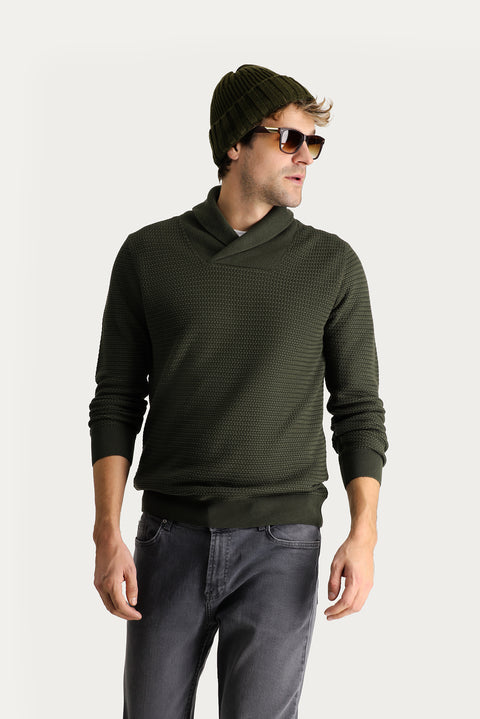 Medium Khaki Shawl Collar Slim Fit Narrow Cut Patterned Cotton Knit Sweater