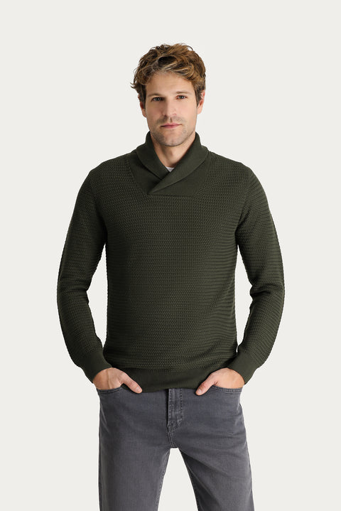 Medium Khaki Shawl Collar Slim Fit Narrow Cut Patterned Cotton Knit Sweater