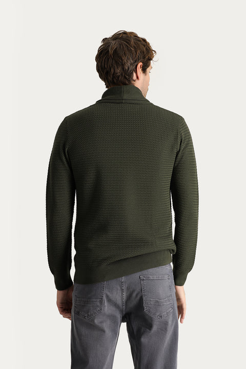 Medium Khaki Shawl Collar Slim Fit Narrow Cut Patterned Cotton Knit Sweater