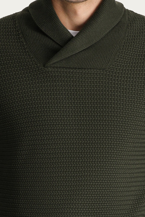 Medium Khaki Shawl Collar Slim Fit Narrow Cut Patterned Cotton Knit Sweater