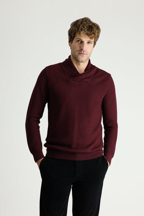 Koyu Bordo Şal Yaka Slim Fit Dar Kesim Desenli Pamuklu Triko Kazak