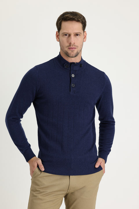 Medium Navy Melange Semi-Turtleneck Slim Fit Narrow Cut Patterned Cotton Knit Sweater